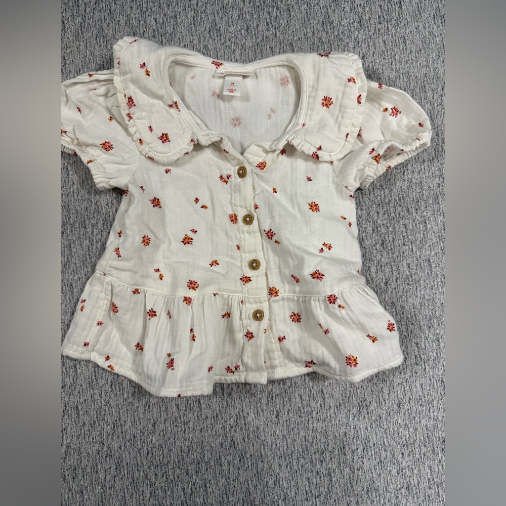 Cat & Jack Toddler Girl Button Up Collared White & Floral Top - Size 2T